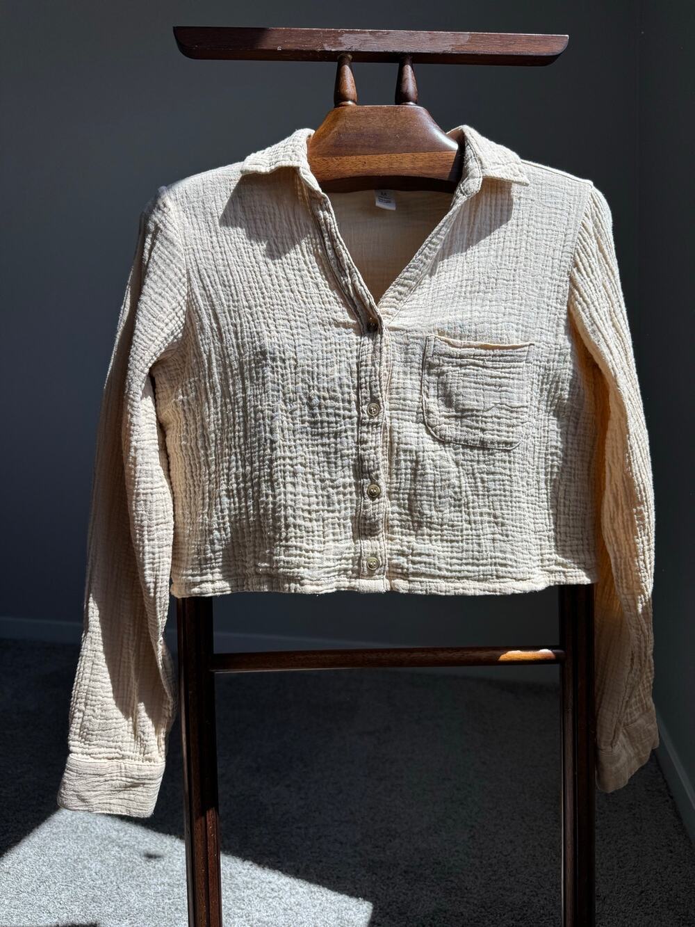Midnight Sky 100% Cotton Gauze Button Front Shirt Women’s M Beige Boho Coastal